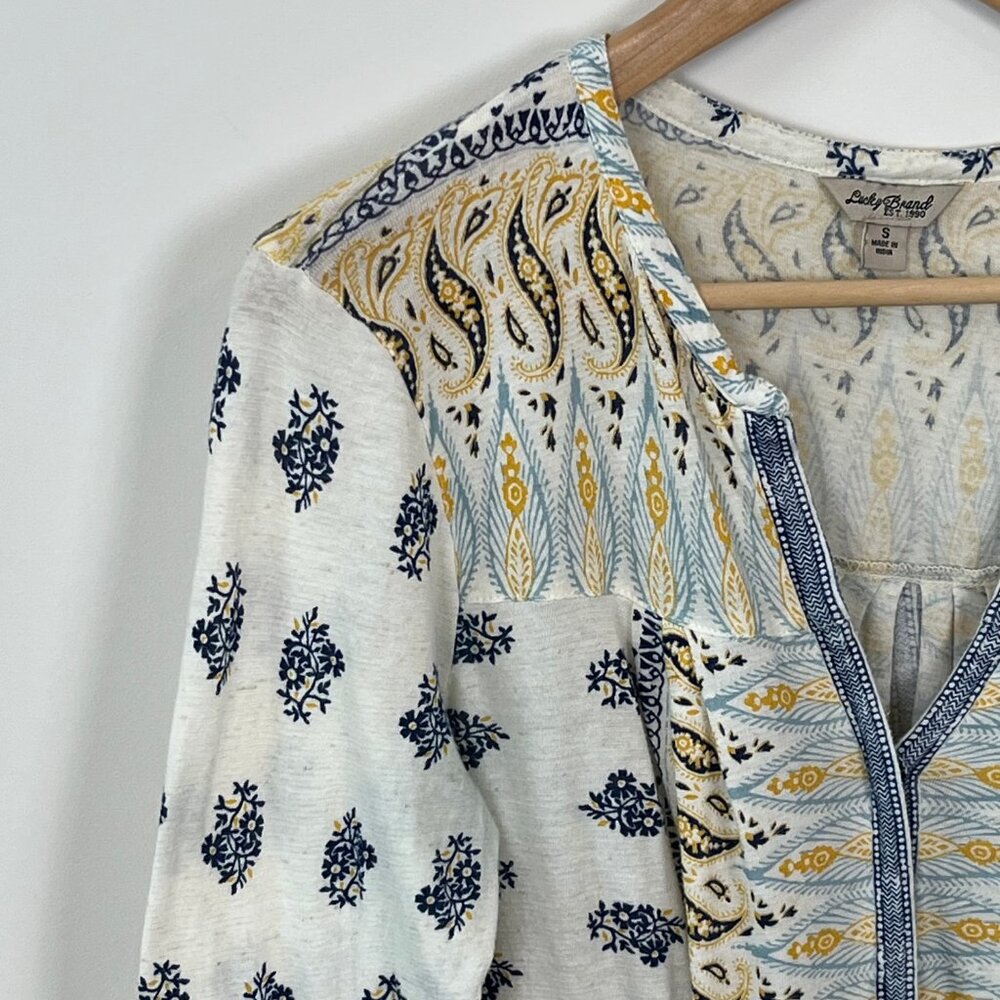 Lucky Brand Off White Geometric Print Blouse 3/4 Sleeve Women's Size Small